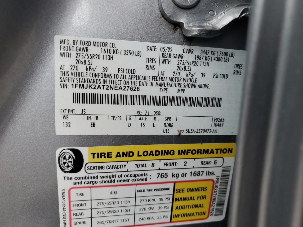 2022 Ford Expedition Max Limited VIN: 1FMJK2AT2NEA27628 Lot: 85520425