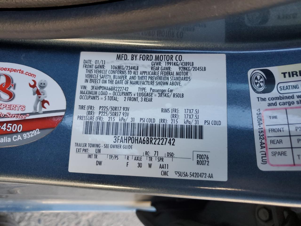 2011 Ford Fusion Se VIN: 3FAHP0HA6BR222742 Lot: 84522175