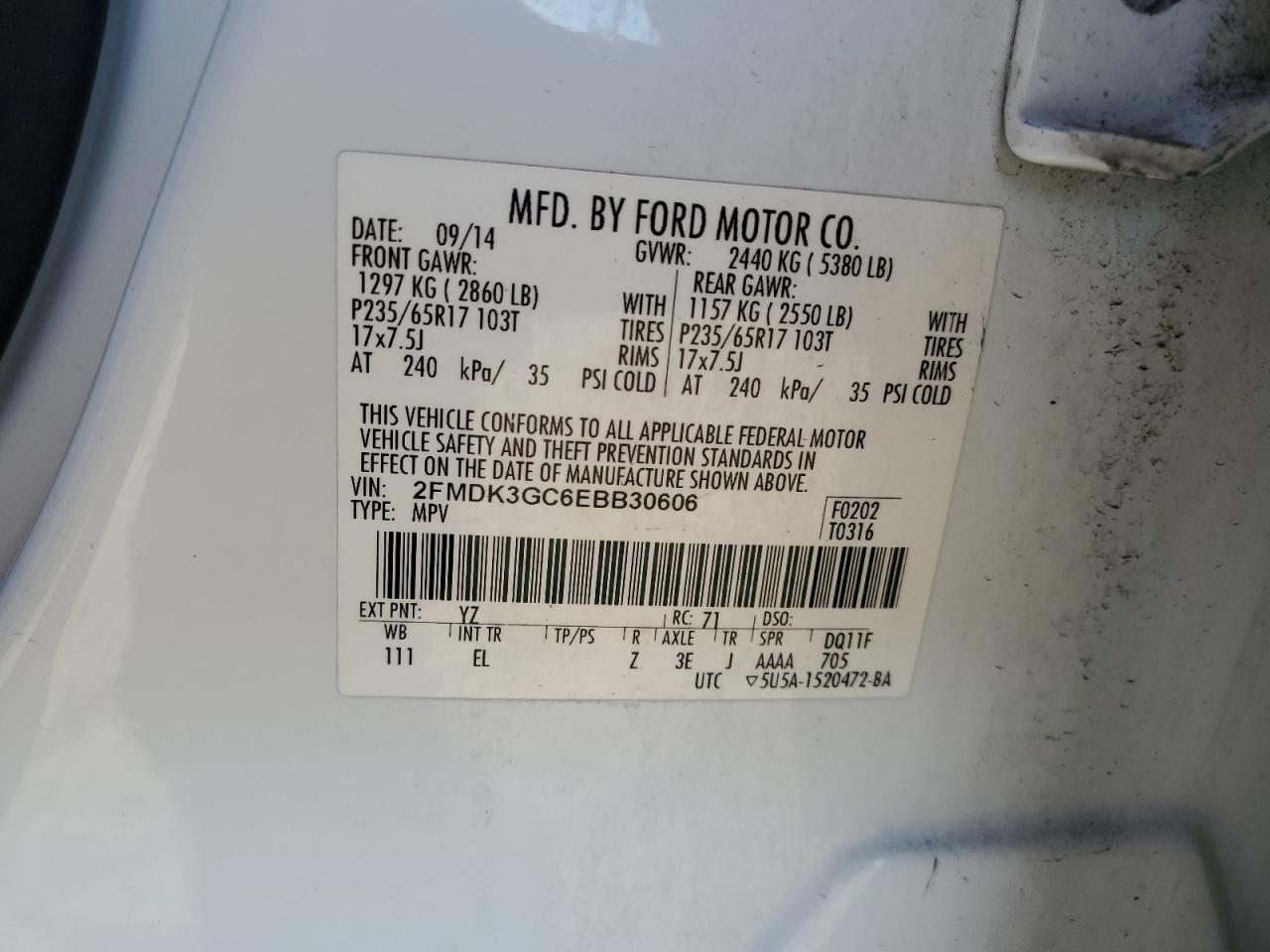 2014 Ford Edge Se VIN: 2FMDK3GC6EBB30606 Lot: 85118125