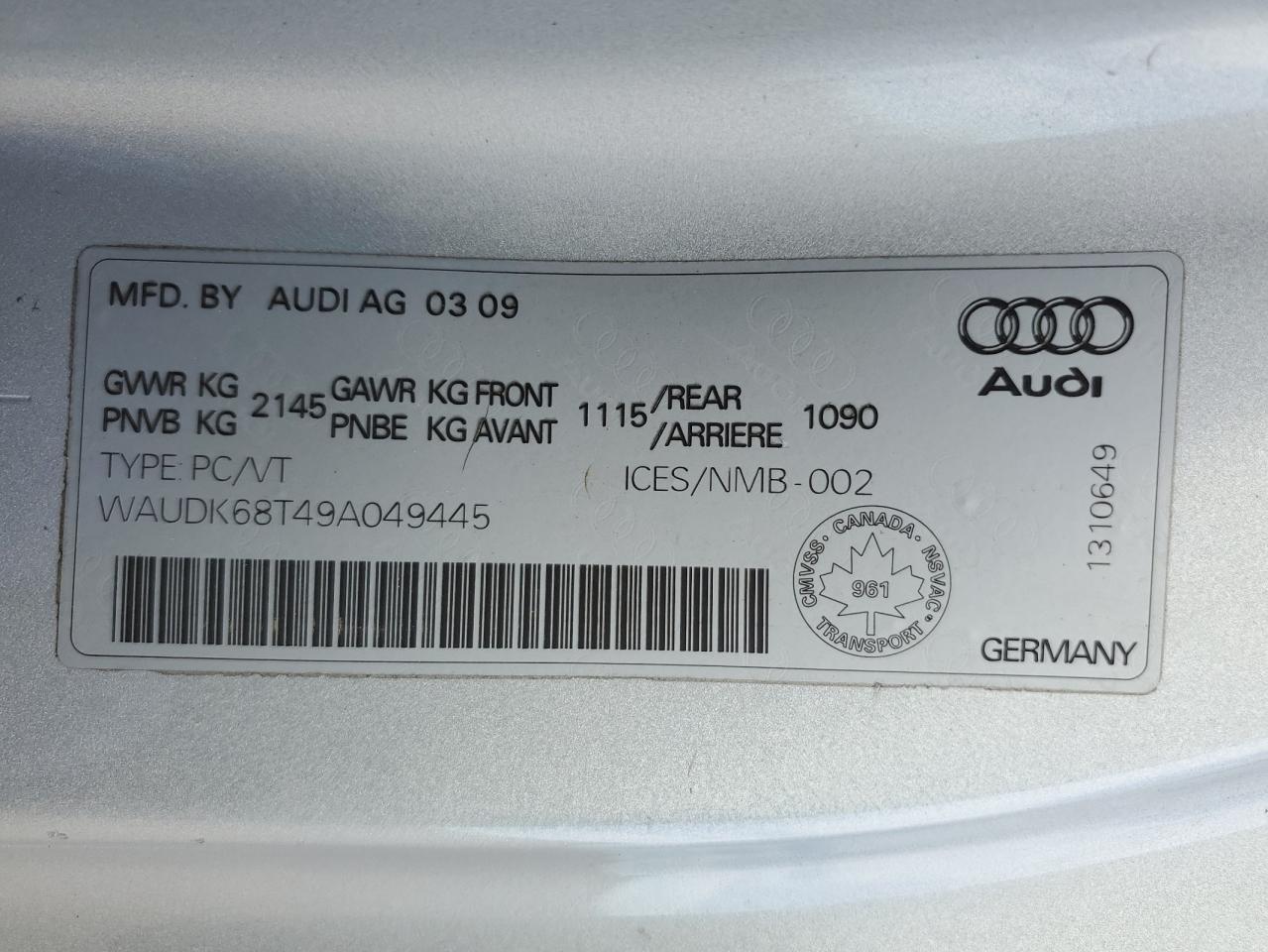 2009 Audi A5 Quattro VIN: WAUDK68T49A049445 Lot: 85126585