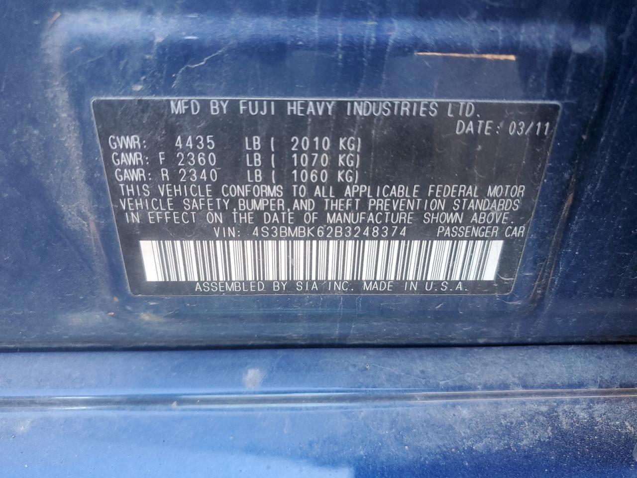 2011 Subaru Legacy 2.5I Limited VIN: 4S3BMBK62B3248374 Lot: 87015935