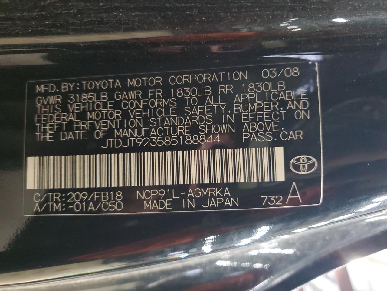 2008 Toyota Yaris VIN: JTDJT923585188844 Lot: 90513575