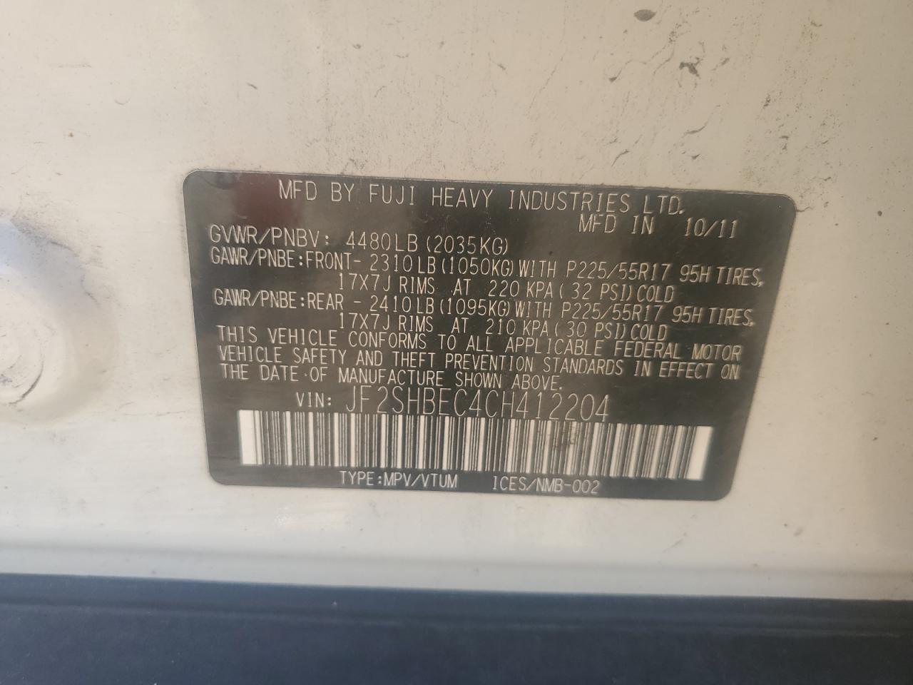 2012 Subaru Forester Limited VIN: JF2SHBEC4CH412204 Lot: 82495435