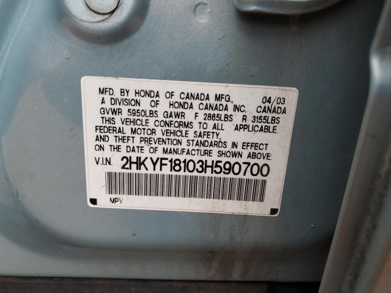 2003 Honda Pilot Lx VIN: 2HKYF18103H590700 Lot: 85837815