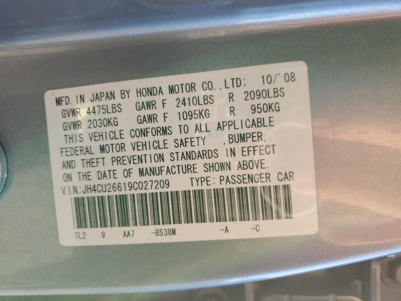 2009 Acura Tsx VIN: JH4CU26619C027209 Lot: 91047655