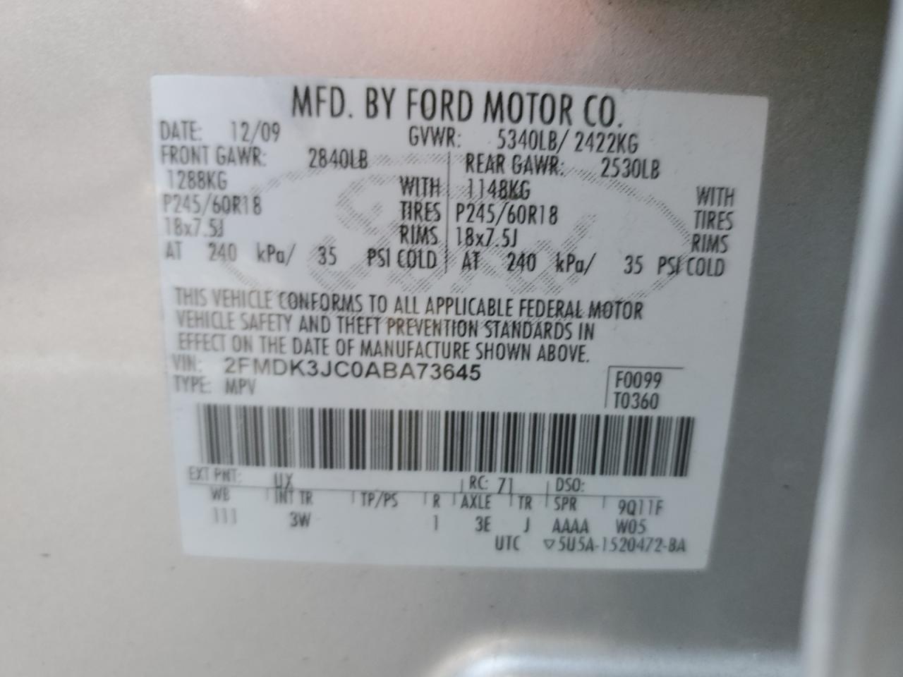2010 Ford Edge Sel VIN: 2FMDK3JC0ABA73645 Lot: 86519875