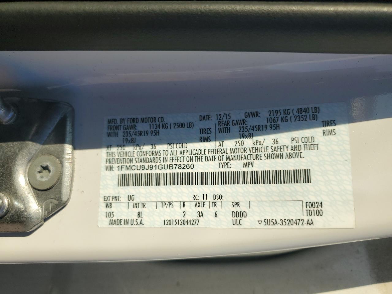 2016 Ford Escape Titanium VIN: 1FMCU9J91GUB78260 Lot: 90712045