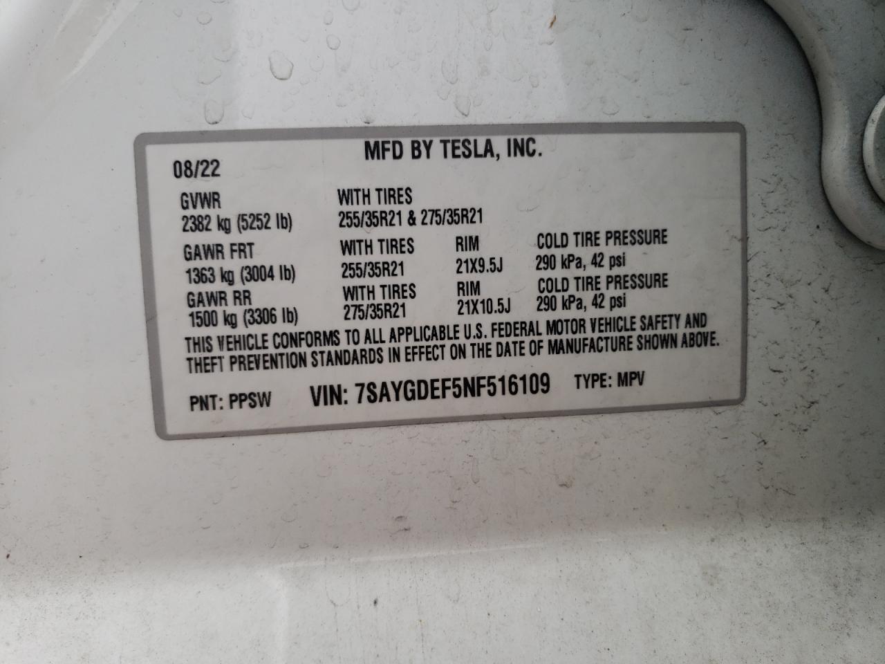 2022 Tesla Model Y VIN: 7SAYGDEF5NF516109 Lot: 86527895