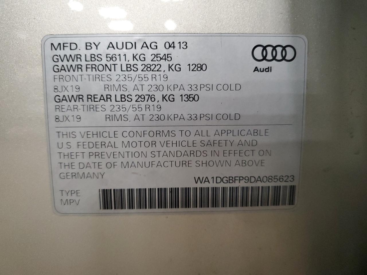 2013 Audi Q5 Premium Plus VIN: WA1DGBFP9DA085623 Lot: 90858885