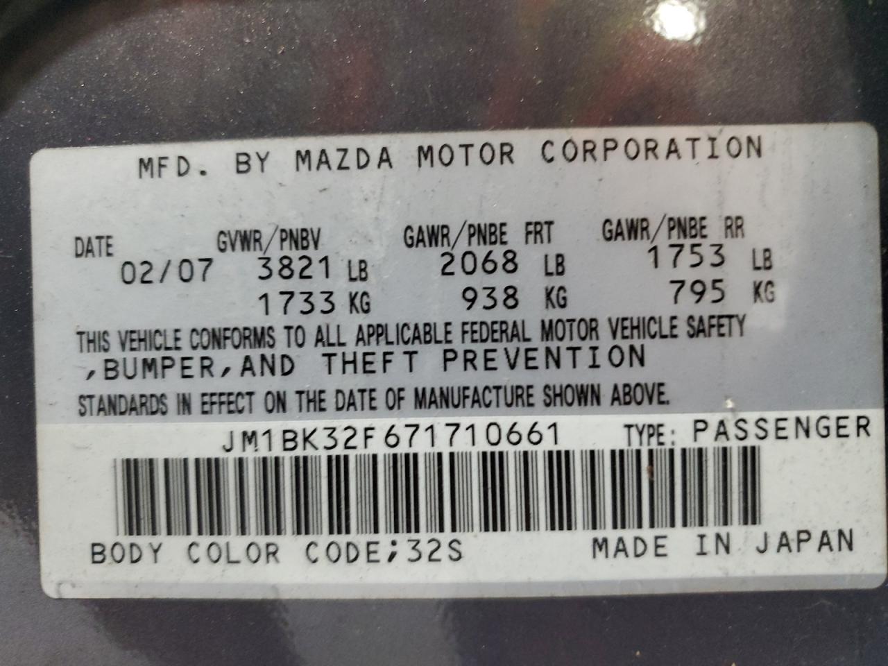 2007 Mazda 3 I VIN: JM1BK32F671710661 Lot: 90096775