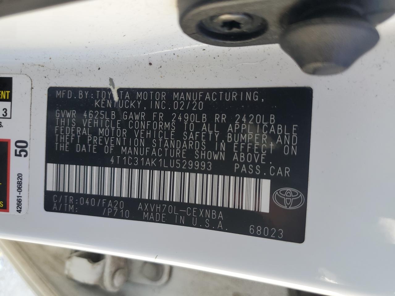 2020 Toyota Camry Le VIN: 4T1C31AK1LU529993 Lot: 86630685