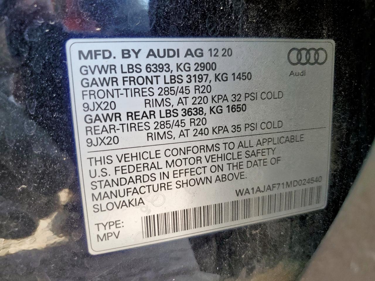 2021 Audi Q7 Premium VIN: WA1AJAF71MD024540 Lot: 82296065