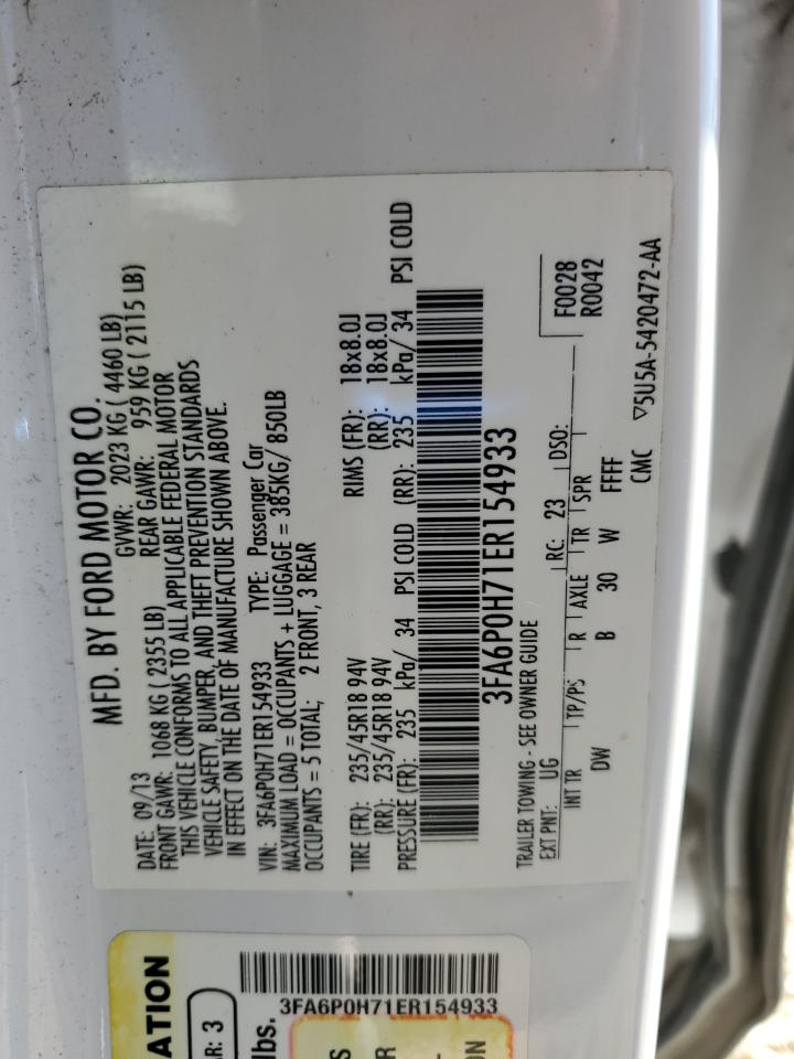 2014 Ford Fusion Se VIN: 3FA6P0H71ER154933 Lot: 82595615