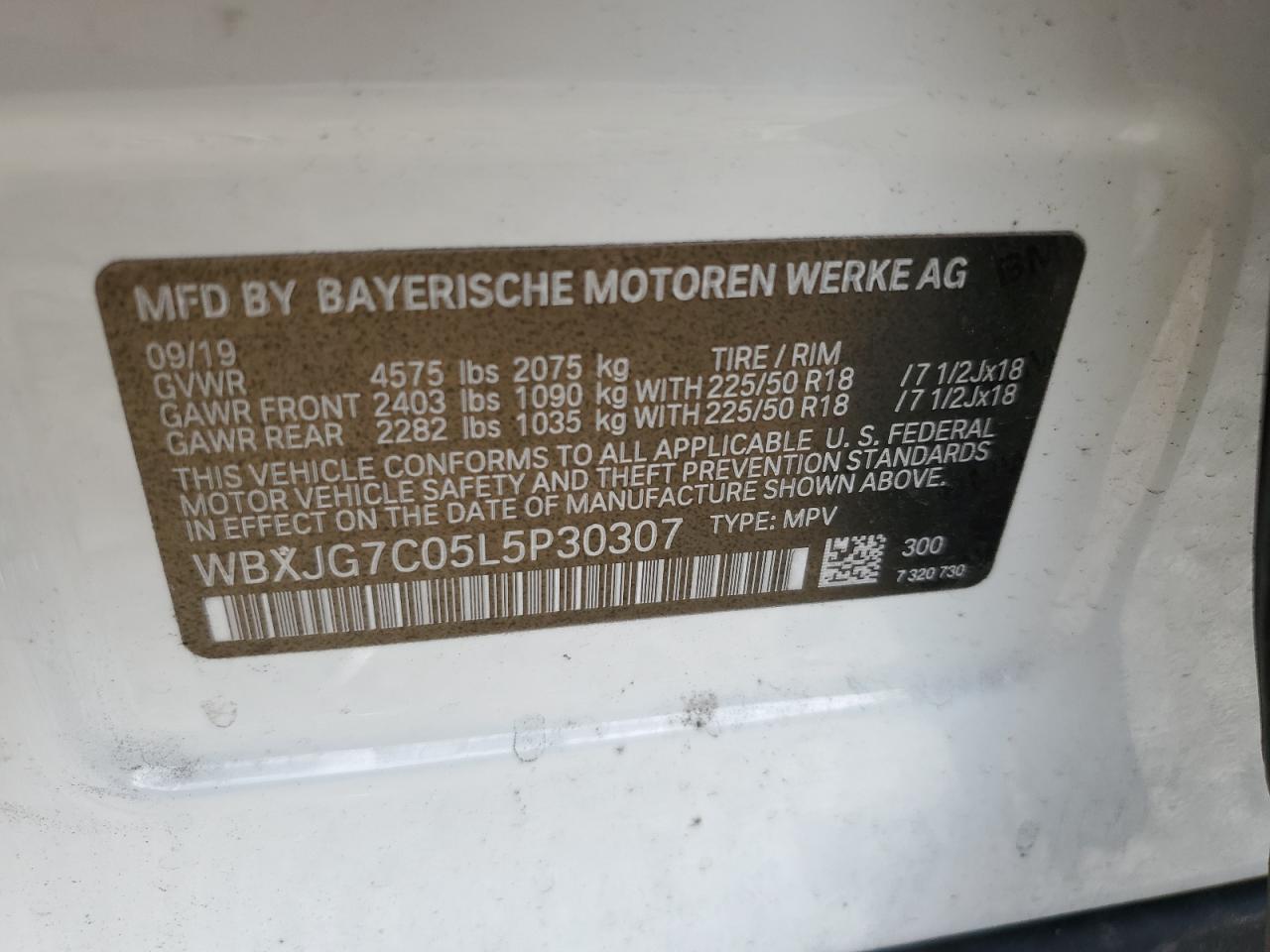 2020 BMW X1 Sdrive28I VIN: WBXJG7C05L5P30307 Lot: 84969375