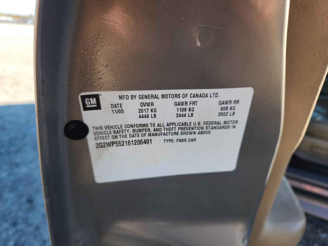 2006 Pontiac Grand Prix VIN: 2G2WP552161206491 Lot: 89731245