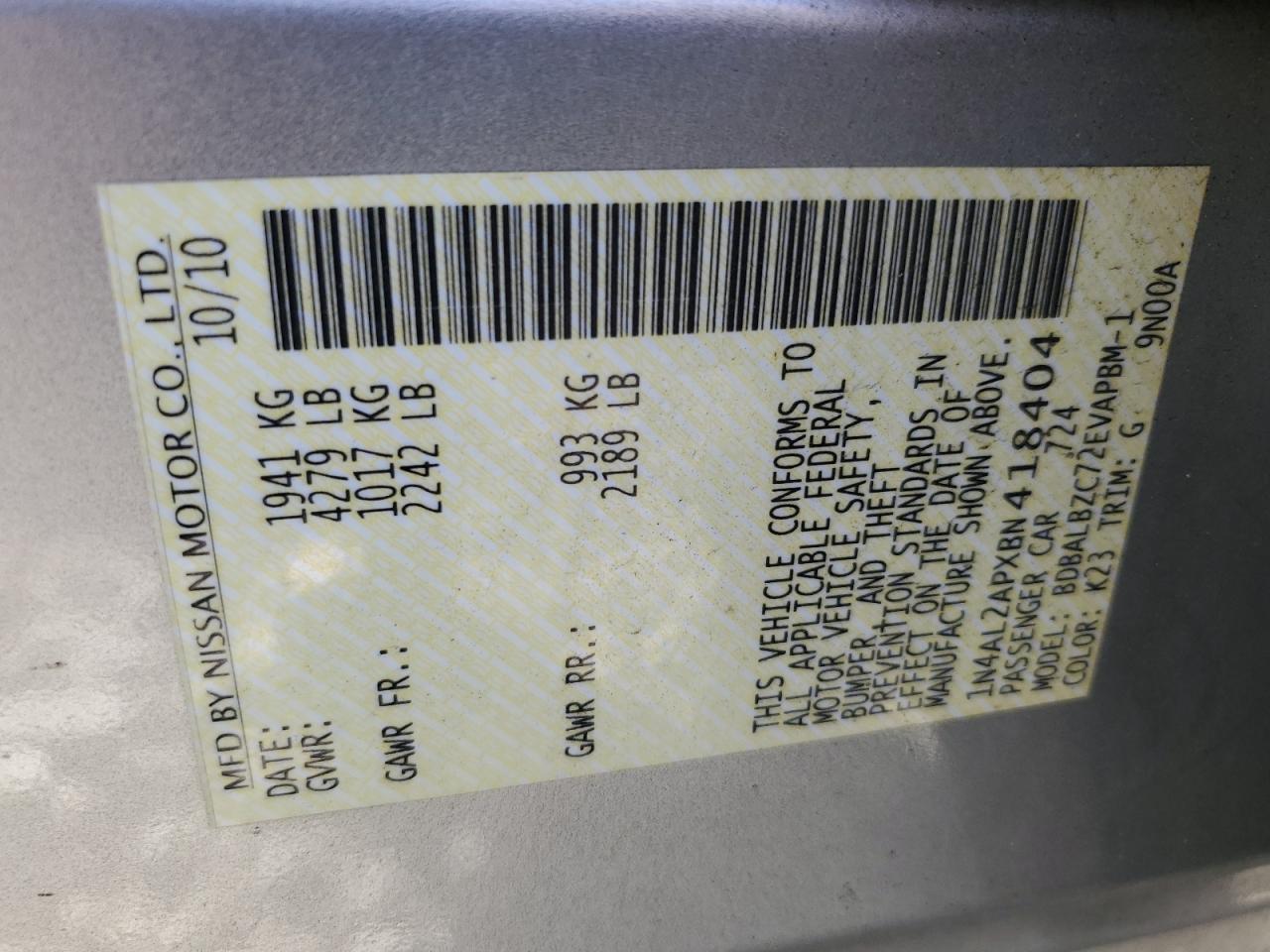 2011 Nissan Altima Base VIN: 1N4AL2APXBN418404 Lot: 85176475