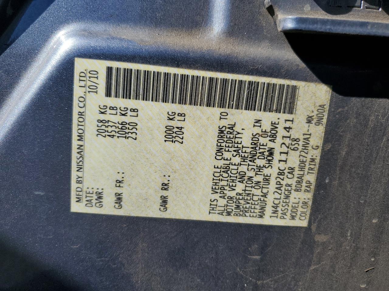 2011 Nissan Altima Hybrid VIN: 1N4CL2AP2BC112141 Lot: 85582435