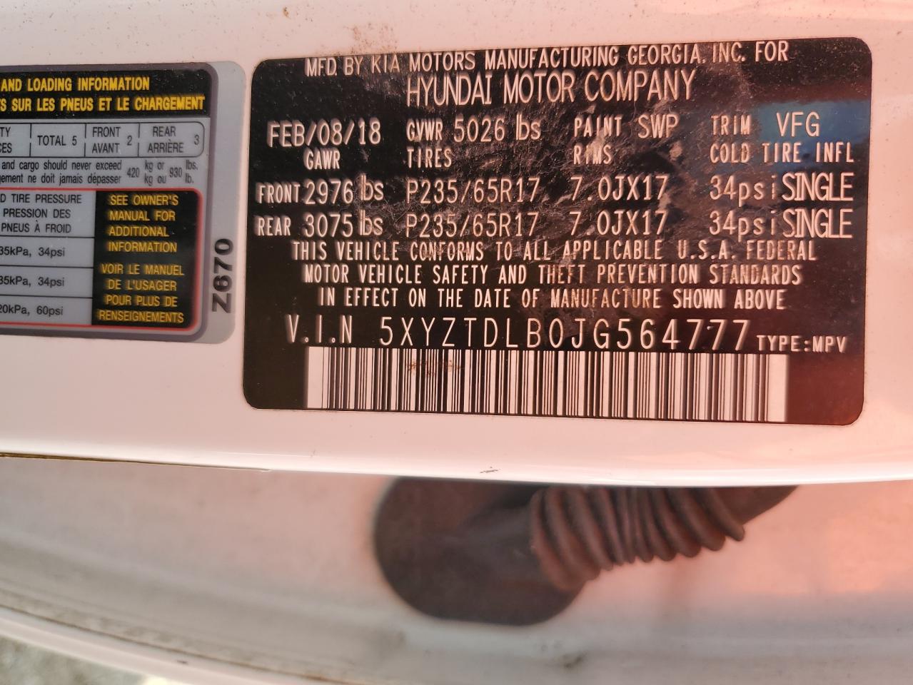 2018 Hyundai Santa Fe Sport VIN: 5XYZTDLB0JG564777 Lot: 82300615