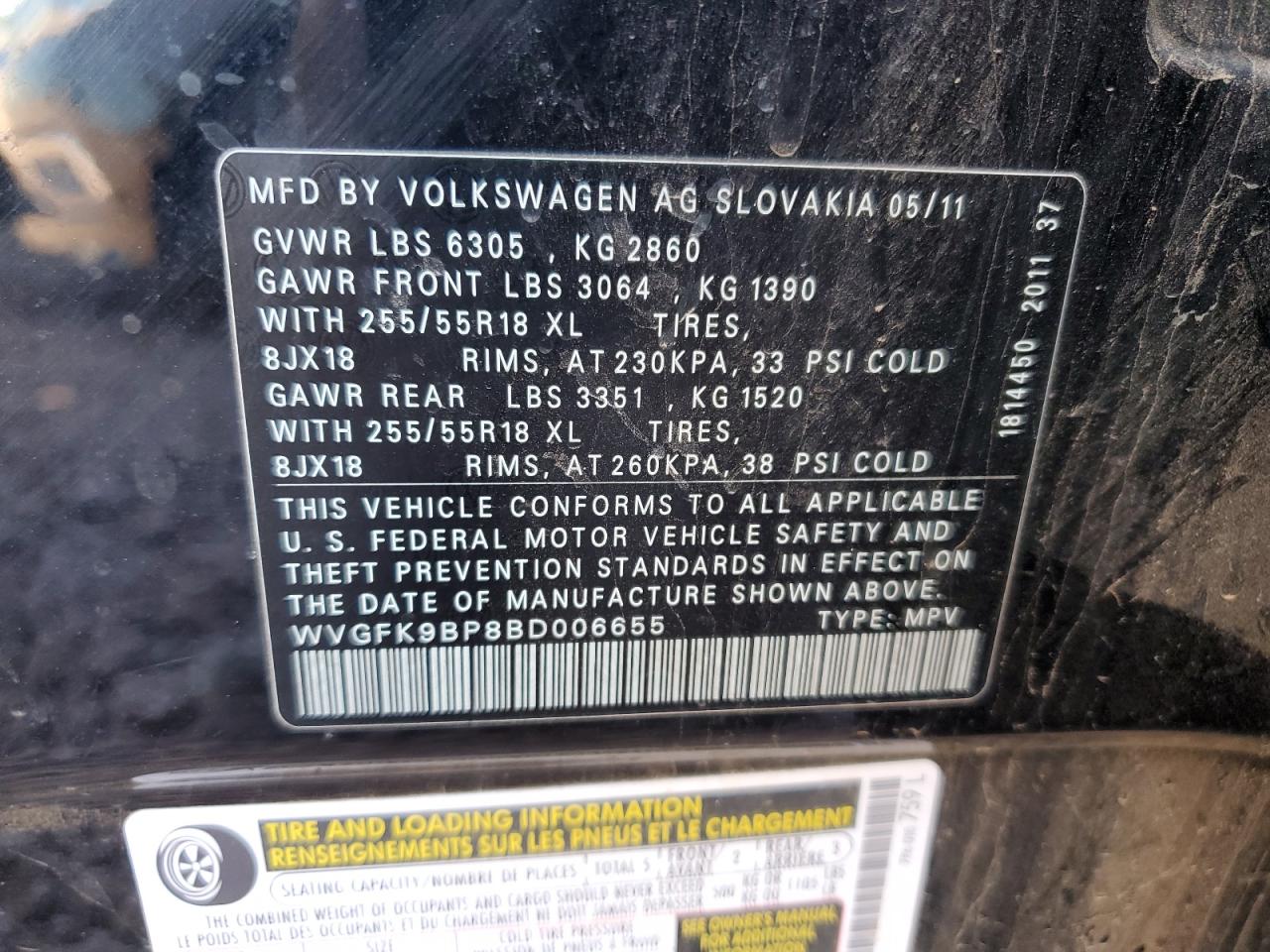 2011 Volkswagen Touareg V6 Tdi VIN: WVGFK9BP8BD006655 Lot: 90074725