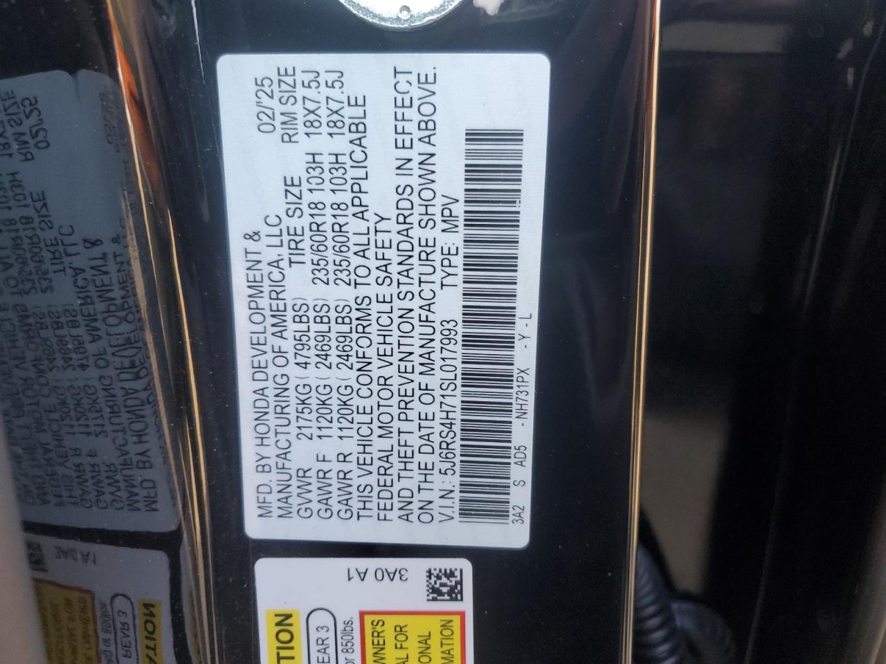 2025 Honda Cr-V Exl VIN: 5J6RS4H71SL017993 Lot: 85141995