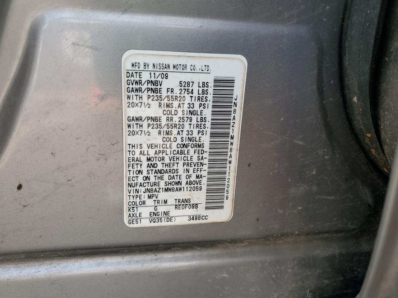 2010 Nissan Murano S VIN: JN8AZ1MW8AW112059 Lot: 85300655