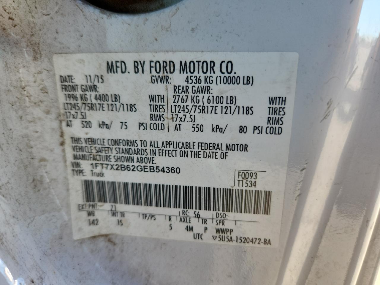 2016 Ford F250 Super Duty VIN: 1FT7X2B62GEB54360 Lot: 90284785