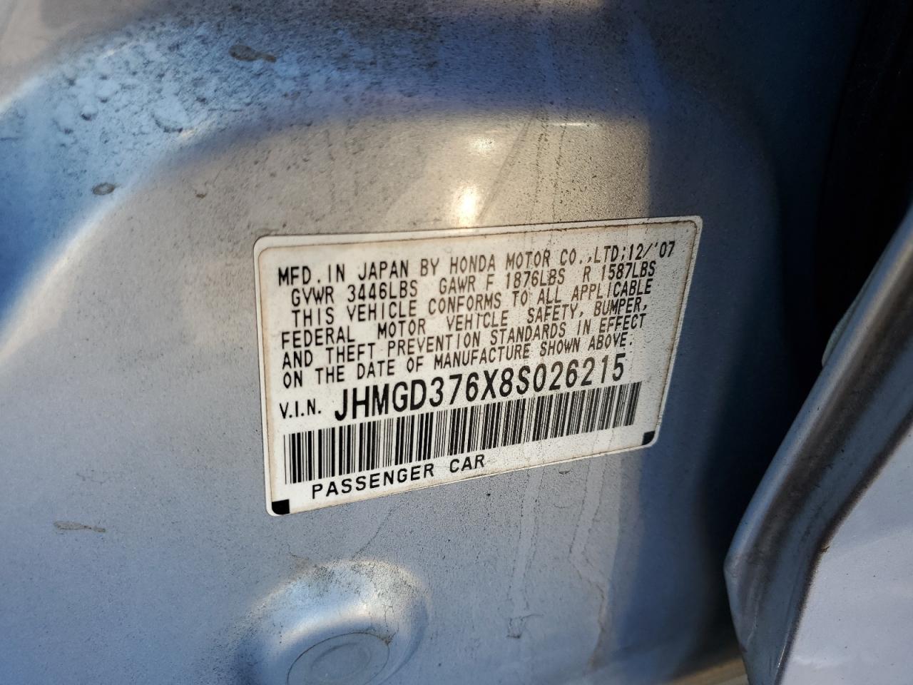 2008 Honda Fit Sport VIN: JHMGD376X8S026215 Lot: 84070475