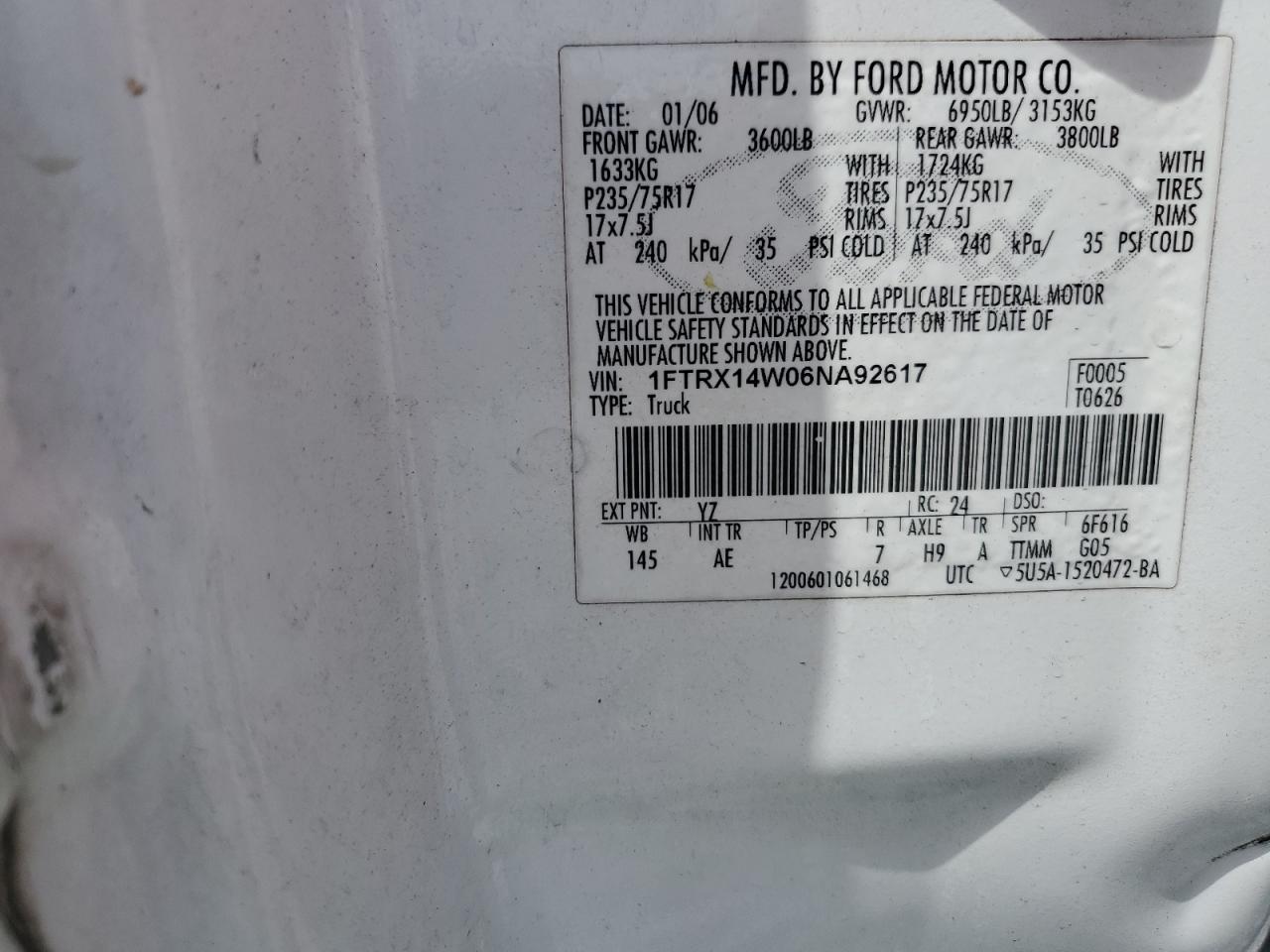 2006 Ford F150 VIN: 1FTRX14W06NA92617 Lot: 85601145