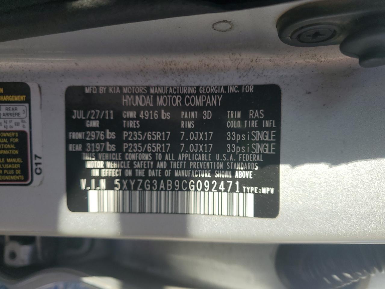 2012 Hyundai Santa Fe Gls VIN: 5XYZG3AB9CG092471 Lot: 86494945