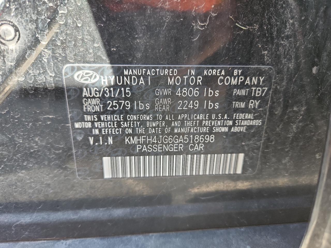 2016 Hyundai Azera Limited VIN: KMHFH4JG6GA518698 Lot: 87436205