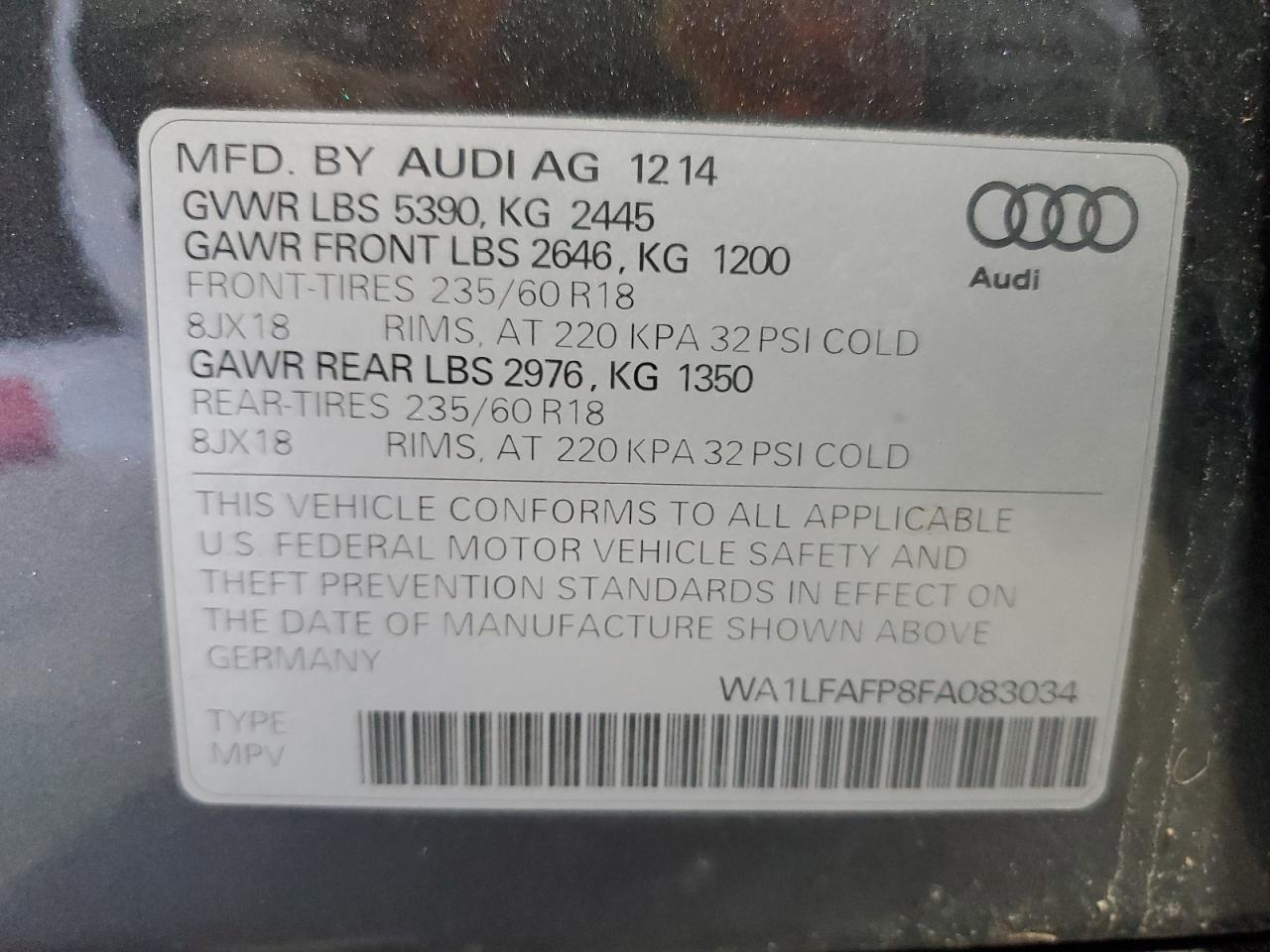 2015 Audi Q5 Premium Plus VIN: WA1LFAFP8FA083034 Lot: 85098715