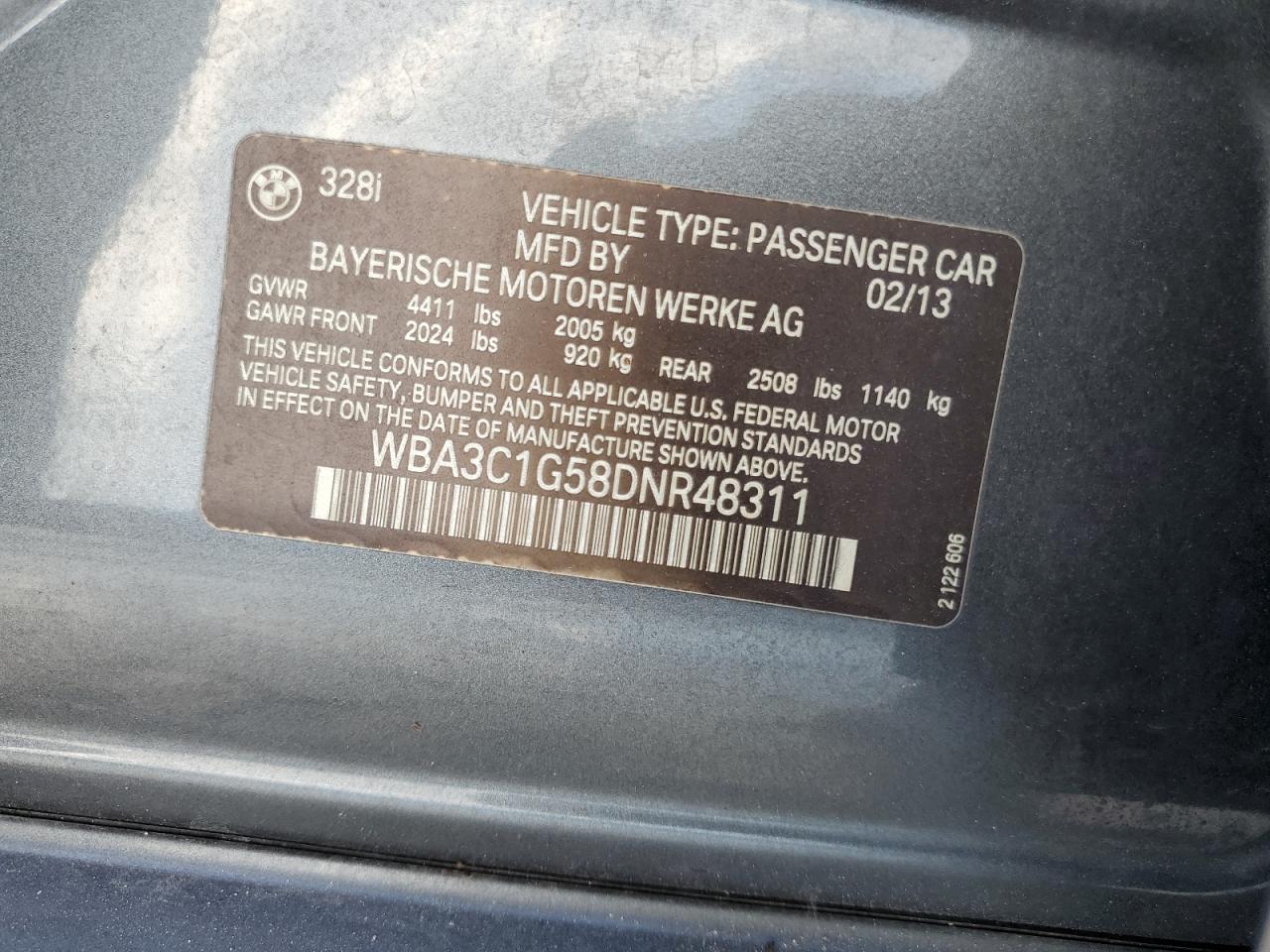 2013 BMW 328 I Sulev VIN: WBA3C1G58DNR48311 Lot: 85335375
