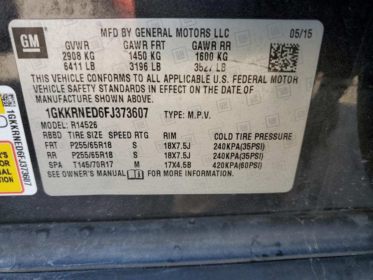 2015 GMC Acadia Sle VIN: 1GKKRNED6FJ373607 Lot: 82664275