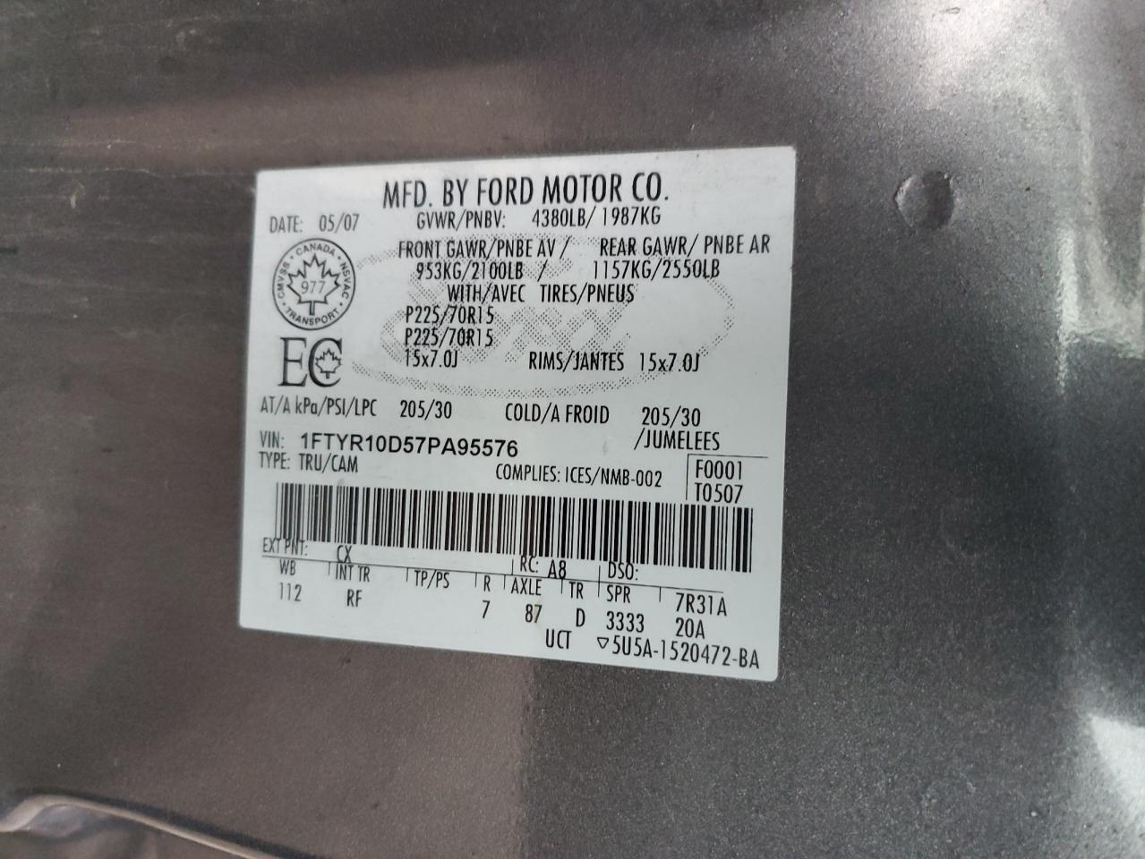 2007 Ford Ranger VIN: 1FTYR10D57PA95576 Lot: 86851605