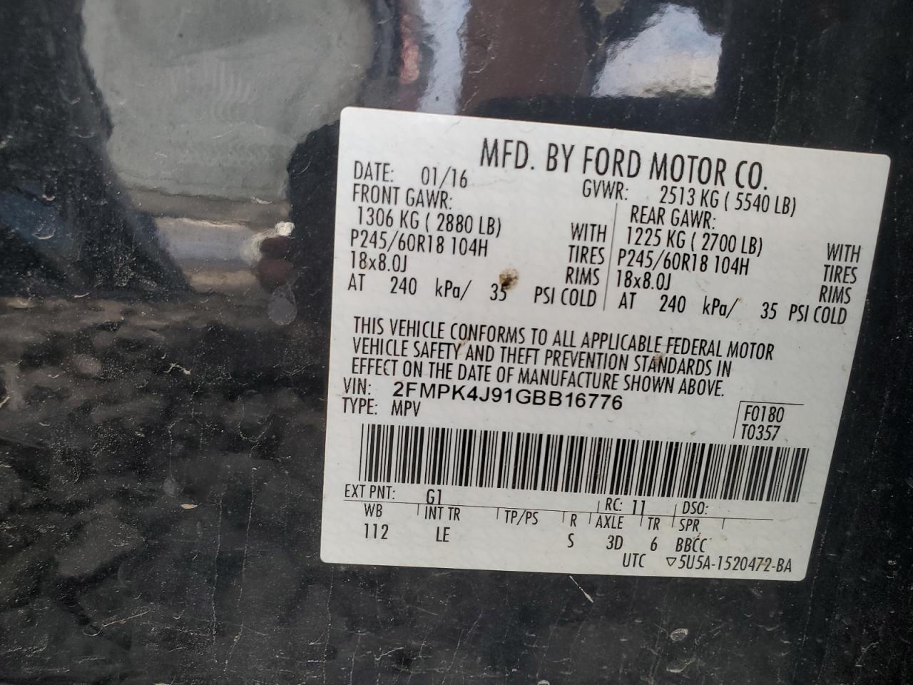 2016 Ford Edge Sel VIN: 2FMPK4J91GBB16776 Lot: 86173855