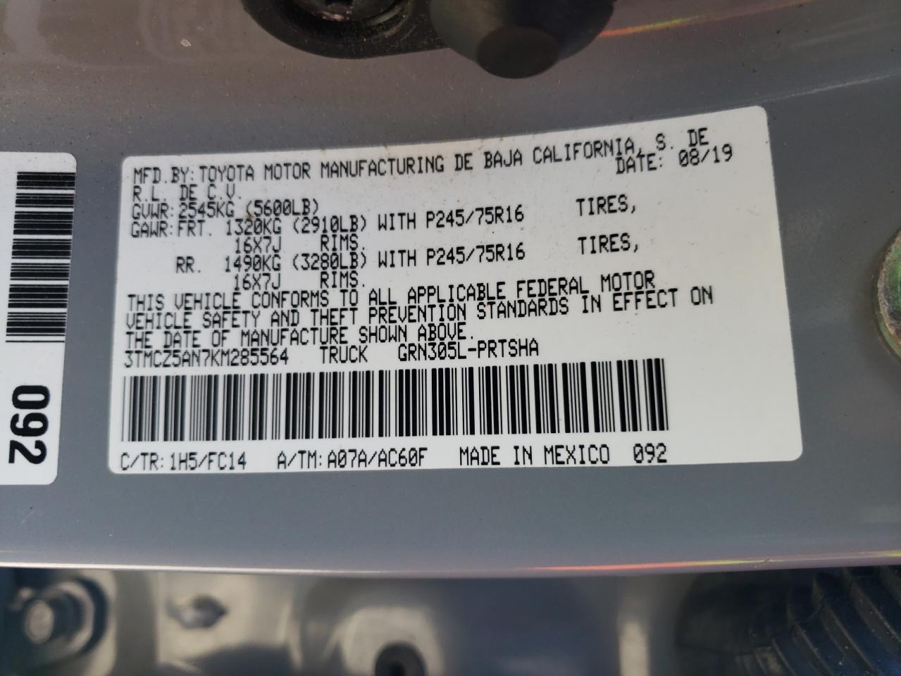 2019 Toyota Tacoma Double Cab VIN: 3TMCZ5AN7KM285564 Lot: 85586415