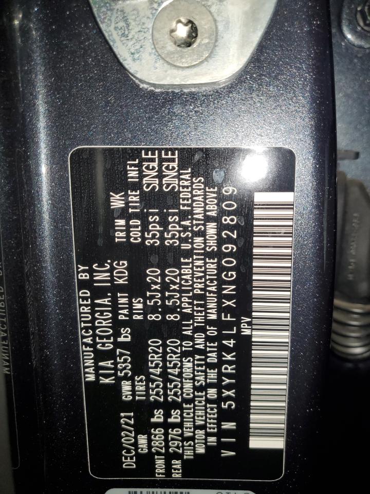 2022 Kia Sorento Sx VIN: 5XYRK4LFXNG092809 Lot: 81924195