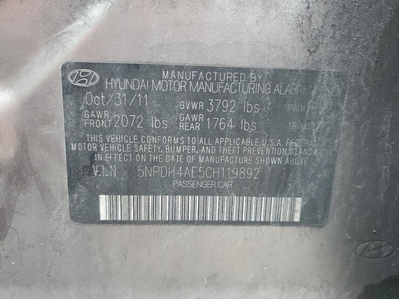 2012 Hyundai Elantra Gls VIN: 5NPDH4AE5CH119892 Lot: 84908845