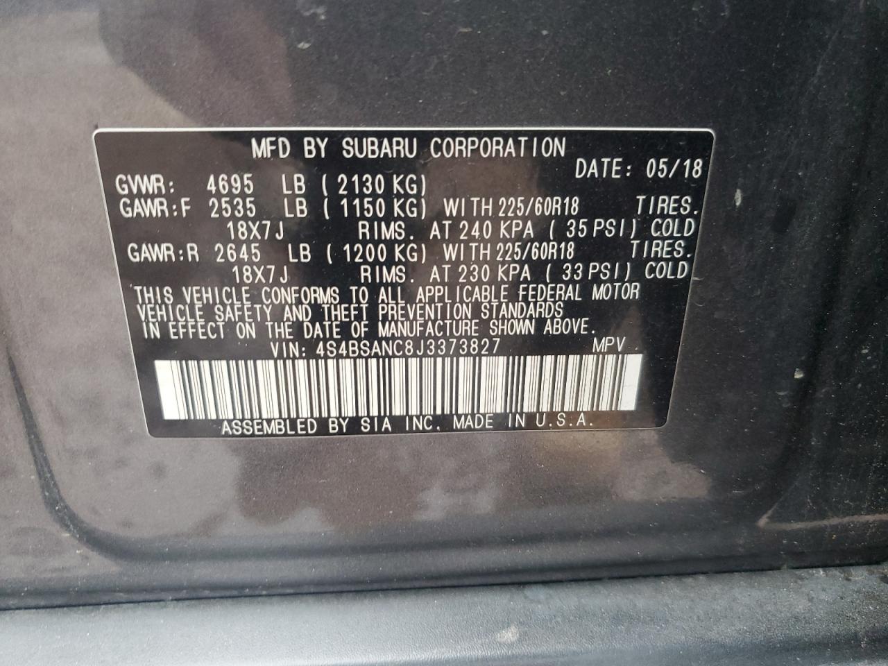 2018 Subaru Outback 2.5I Limited VIN: 4S4BSANC8J3373827 Lot: 85732875