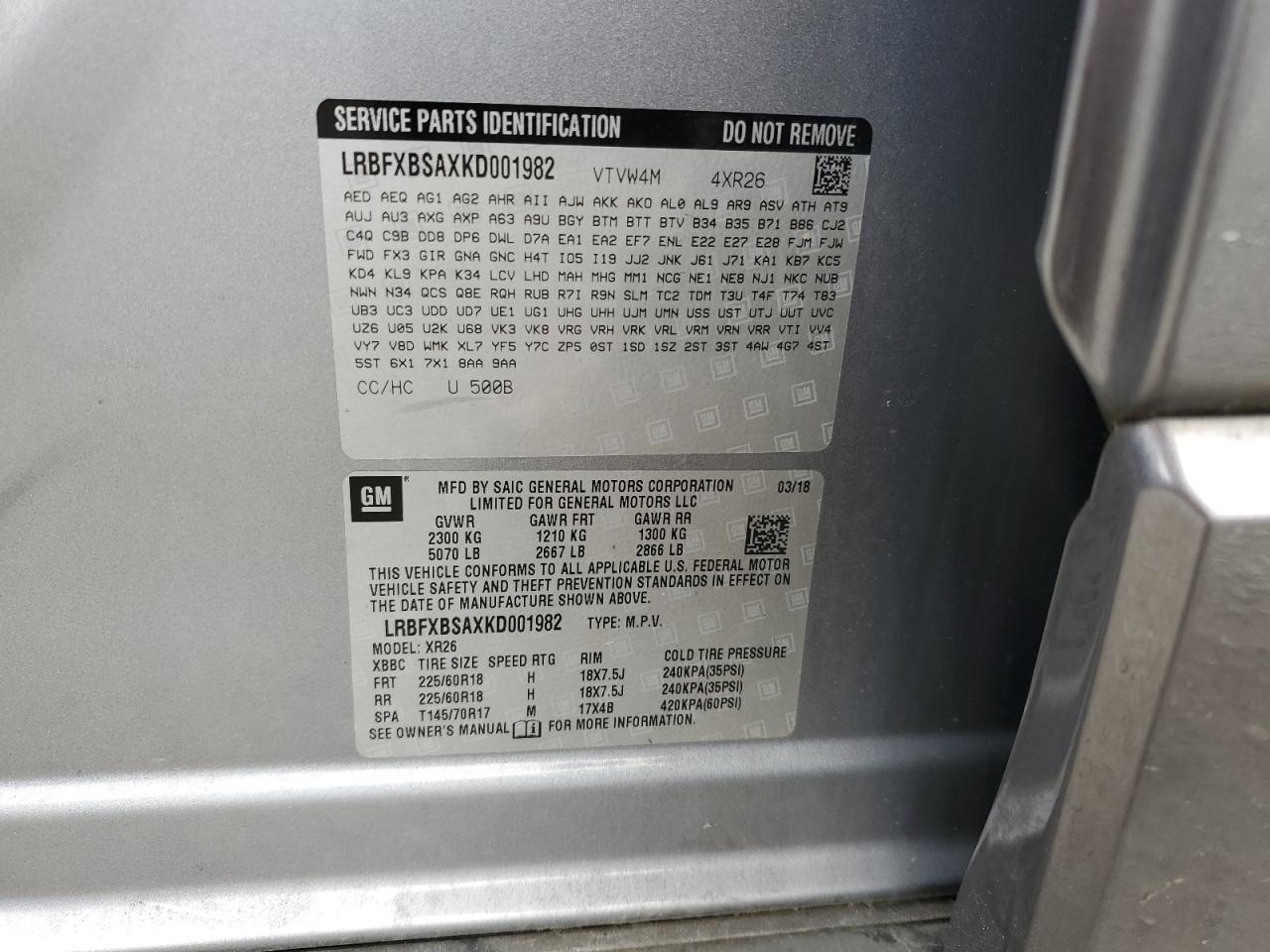 2019 Buick Envision Preferred VIN: LRBFXBSAXKD001982 Lot: 90532325