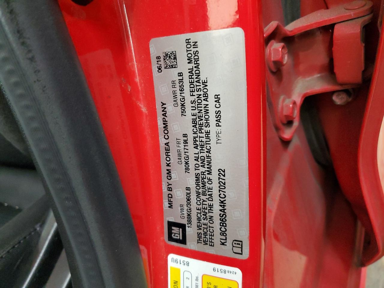 2019 Chevrolet Spark Ls VIN: KL8CB6SA4KC702722 Lot: 90485555