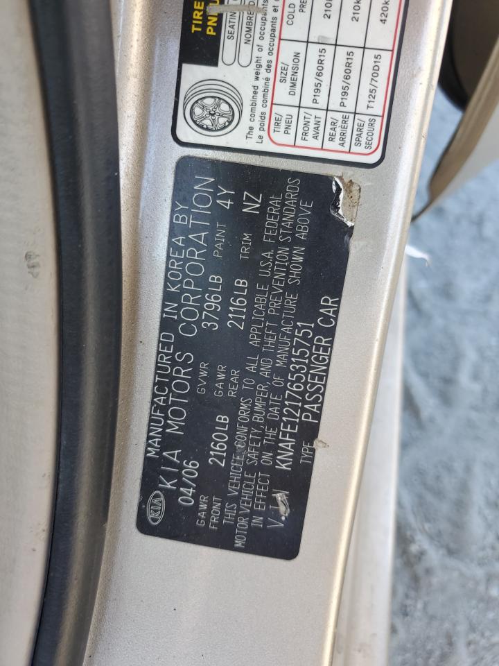 2006 Kia Spectra Lx VIN: KNAFE121765315751 Lot: 90339045