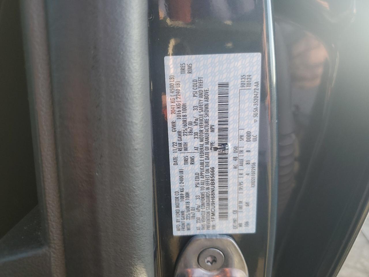 2022 Ford Escape Sel VIN: 1FMCU9H68NUB85666 Lot: 82406625