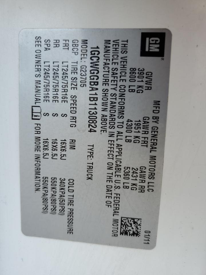 2011 Chevrolet Express G2500 VIN: 1GCWGGBA1B1130824 Lot: 84920635