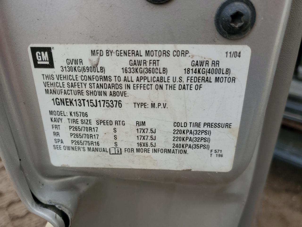 2005 Chevrolet Tahoe K1500 VIN: 1GNEK13T15J175376 Lot: 87007015