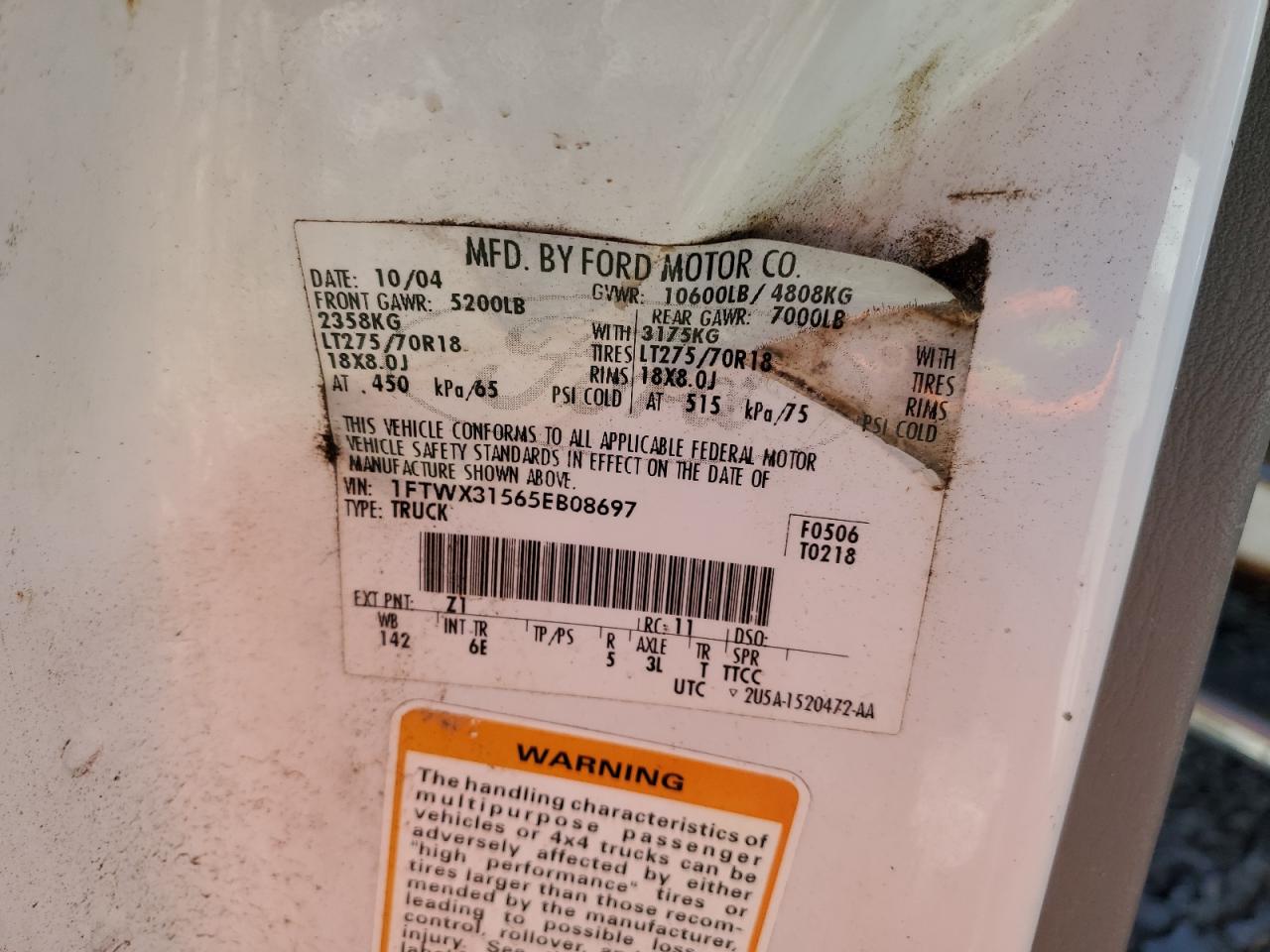 2005 Ford F350 Srw Super Duty VIN: 1FTWX31565EB08697 Lot: 84394745