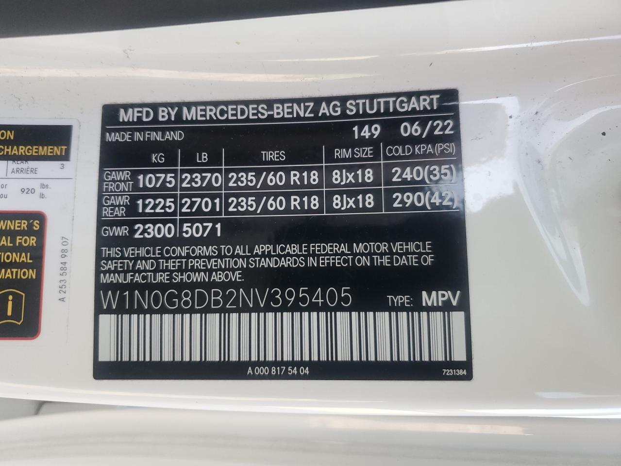 2022 Mercedes-Benz Glc 300 VIN: W1N0G8DB2NV395405 Lot: 84786365