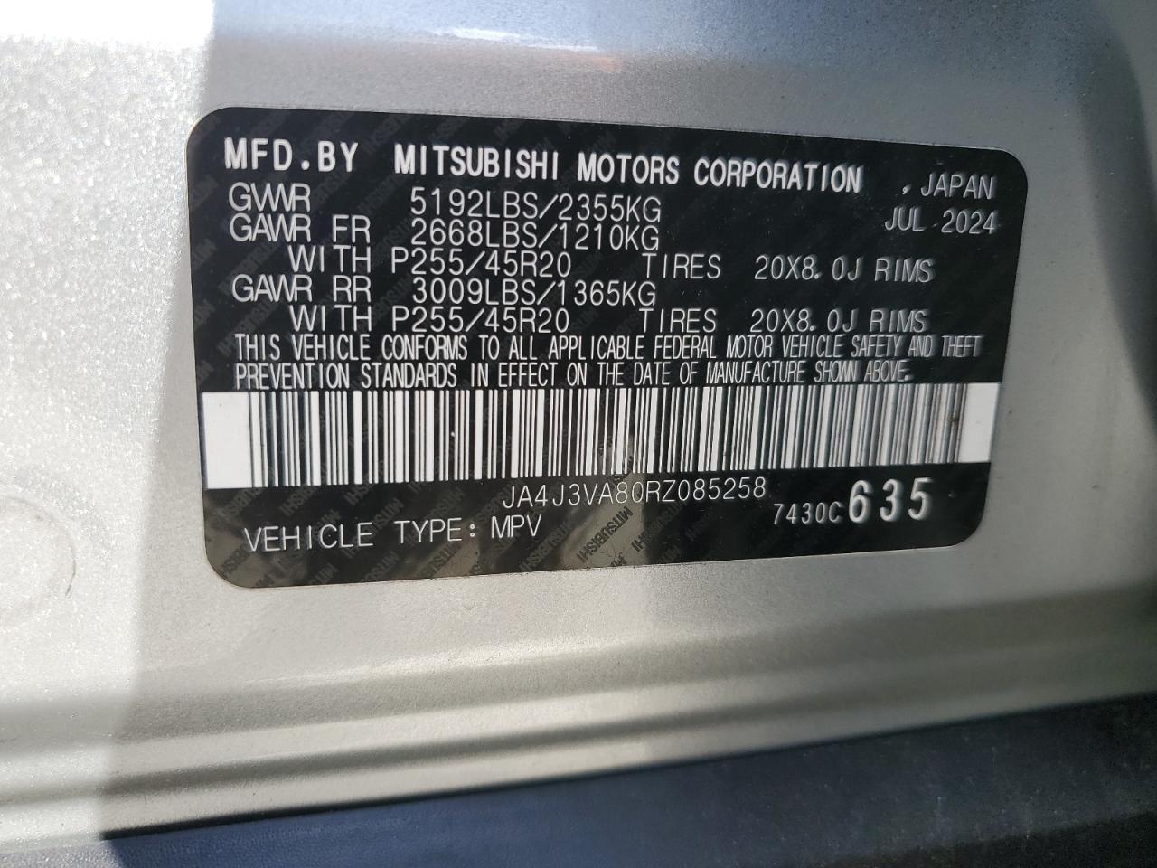 2024 Mitsubishi Outlander Se VIN: JA4J3VA80RZ085258 Lot: 89443205