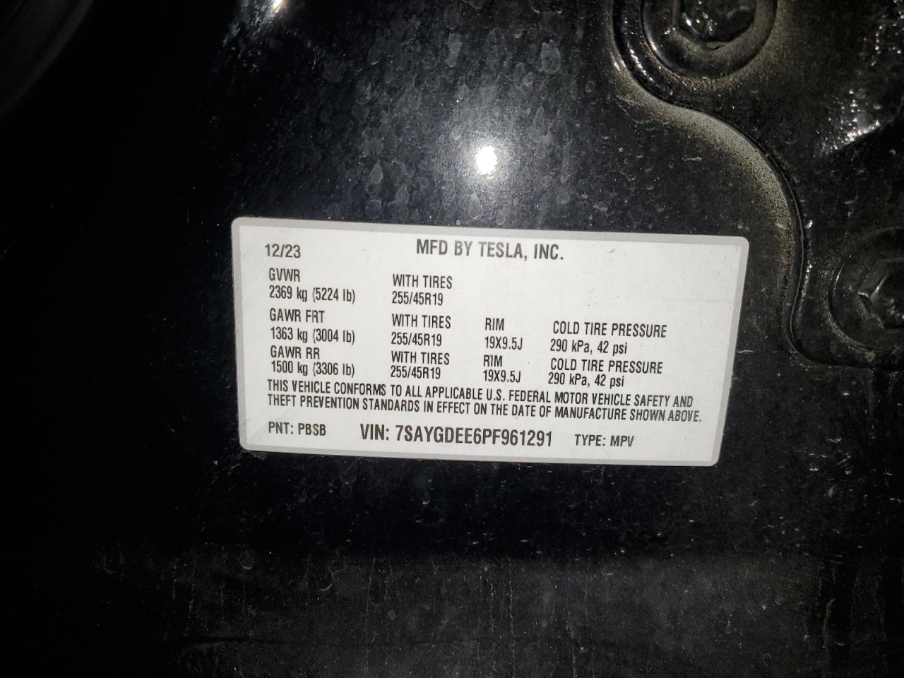 2023 Tesla Model Y VIN: 7SAYGDEE6PF961291 Lot: 86650375