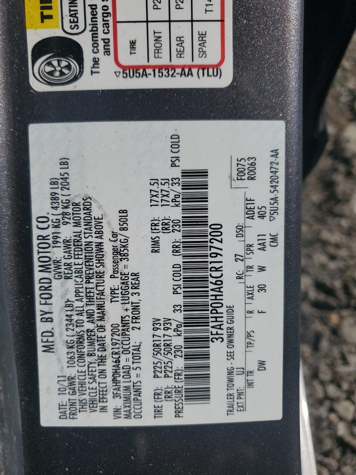 2012 Ford Fusion Se VIN: 3FAHP0HA6CR197200 Lot: 87281705